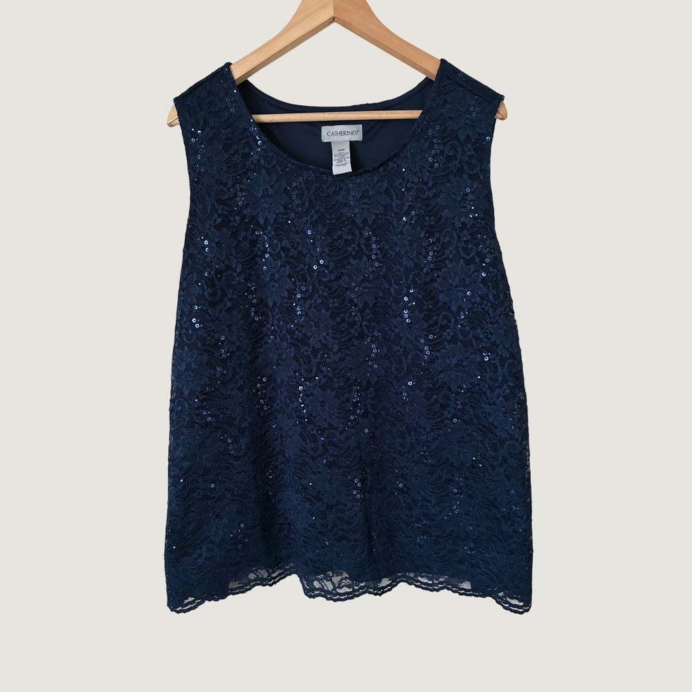 Catherines Navy Blue Floral Lace Sequin Sleeveless Blouse Top Plus Size 28W